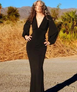 Pinup Girl Clothing Shop All In-Stock Items By Size Gia Art Deco Gown In Black With Bishop Sleeves | Laura Byrnes