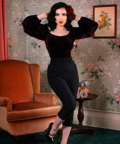 Pinup Girl Clothing Shop All In-Stock Items By Size Final Sale - Swann Long Sleeve Peasant Top In Burgundy Stretch Velvet | Pinup Couture