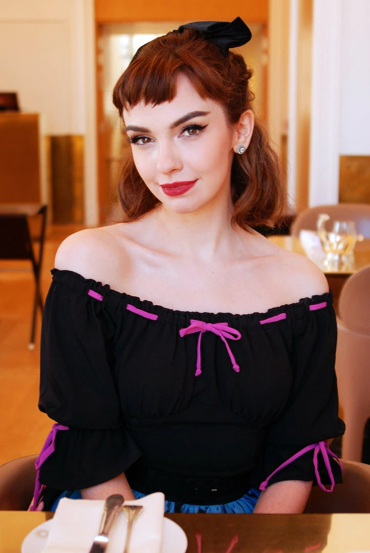 What's New, Pussycat? Chérie Peasant Top In Black With Orchid Ribbon Trim | Laura Byrnes Design 12 What's New, Pussycat? Chérie Peasant Top In Black With Orchid Ribbon Trim | Laura Byrnes Design