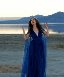 Rubber Ducky Gothic Glamour Bombshell Gown In Blue With Floor Length Sheer Cape Sleeves What's New, Pussycat? 16 Rubber Ducky Gothic Glamour Bombshell Gown In Blue With Floor Length Sheer Cape Sleeves What's New, Pussycat?