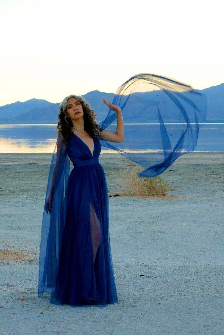 Rubber Ducky Gothic Glamour Bombshell Gown In Blue With Floor Length Sheer Cape Sleeves What's New, Pussycat? 10 Rubber Ducky Gothic Glamour Bombshell Gown In Blue With Floor Length Sheer Cape Sleeves What's New, Pussycat?