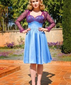 Final Sale - Courtney Vintage Swing Dress In Blue Stretch Satin With Lace Trim | Pinup Couture