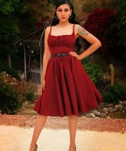 Final Sale - Holly Swing Dress In Burgundy Gabardine | Pinup Couture