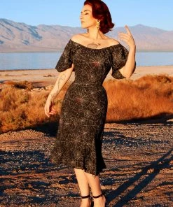Shop All In-Stock Items By Size Final Sale - Butterfly 40's Tulip Dress In Black Widow Spiderweb Crepe | Pinup Couture