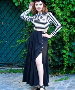 LB Selene Button Front Midi Skirt In Black Stretch Crepe | Laura Byrnes What's New, Pussycat?