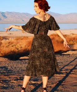 Final Sale - Butterfly 40's Tulip Dress In Black Widow Spiderweb Crepe | Pinup Couture Shop All In-Stock Items By Size