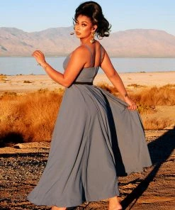 Final Sale - Amalie Ballerina Daytime Maxi Gown In Smoke Blue | Pinup Couture