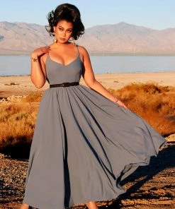 Final Sale - Amalie Ballerina Daytime Maxi Gown In Smoke Blue | Pinup Couture
