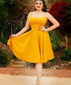 Holly Swing Dress In Mustard Gabardine | Pinup Couture What's New, Pussycat?