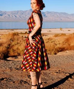 All In Stock Size XS Heidi Dress In Burgundy And Gold House Harlequin | Pinup Couture