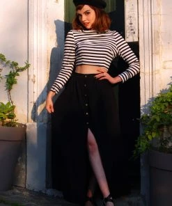 LB Selene Button Front Midi Skirt In Black Stretch Crepe | Laura Byrnes What's New, Pussycat?