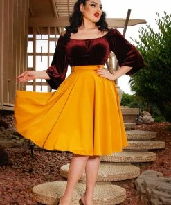 Shop All In-Stock Items By Size Final Sale - Doris Vintage Swing Skirt In Mustard Gabardine | Pinup Couture