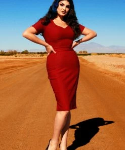 Priscilla 60s Wiggle Dress In Garnet Red Stretch Bengaline | Pinup Couture