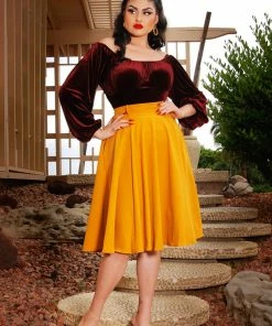 Shop All In-Stock Items By Size Final Sale - Doris Vintage Swing Skirt In Mustard Gabardine | Pinup Couture