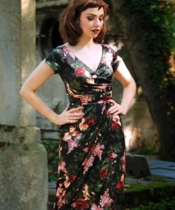 Final Sale - Ava Faux Wrap Wiggle Dress In Dark Bella Roses Satin | Pinup Couture Shop All In-Stock Items By Size