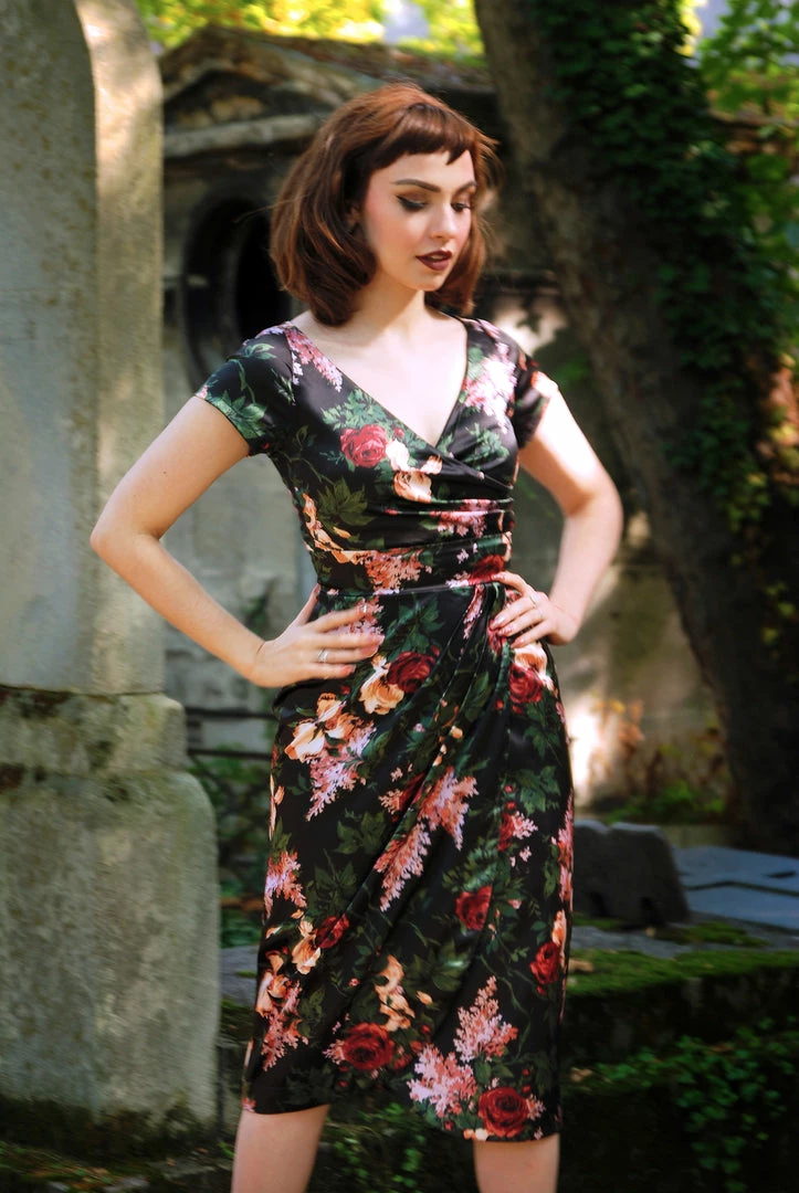 Final Sale - Ava Faux Wrap Wiggle Dress In Dark Bella Roses Satin | Pinup Couture 8 Final Sale - Ava Faux Wrap Wiggle Dress In Dark Bella Roses Satin | Pinup Couture