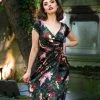 Final Sale - Ava Faux Wrap Wiggle Dress In Dark Bella Roses Satin | Pinup Couture