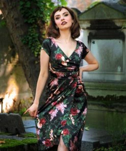 Final Sale - Ava Faux Wrap Wiggle Dress In Dark Bella Roses Satin | Pinup Couture