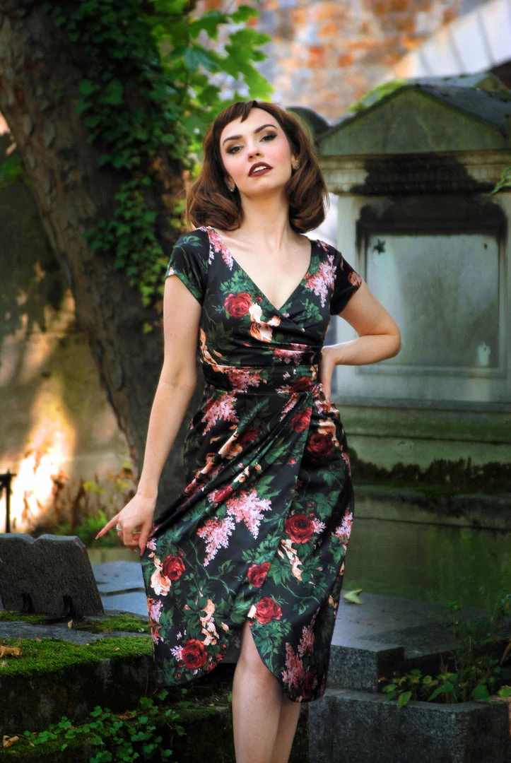 Final Sale - Ava Faux Wrap Wiggle Dress In Dark Bella Roses Satin | Pinup Couture 3 Final Sale - Ava Faux Wrap Wiggle Dress In Dark Bella Roses Satin | Pinup Couture