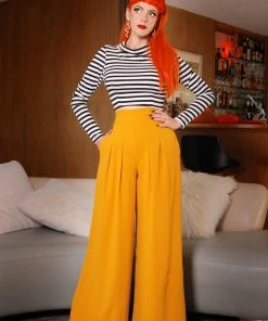 Dietrich Vintage Wide Leg Palazzo Pants In Mustard Crepe 30
