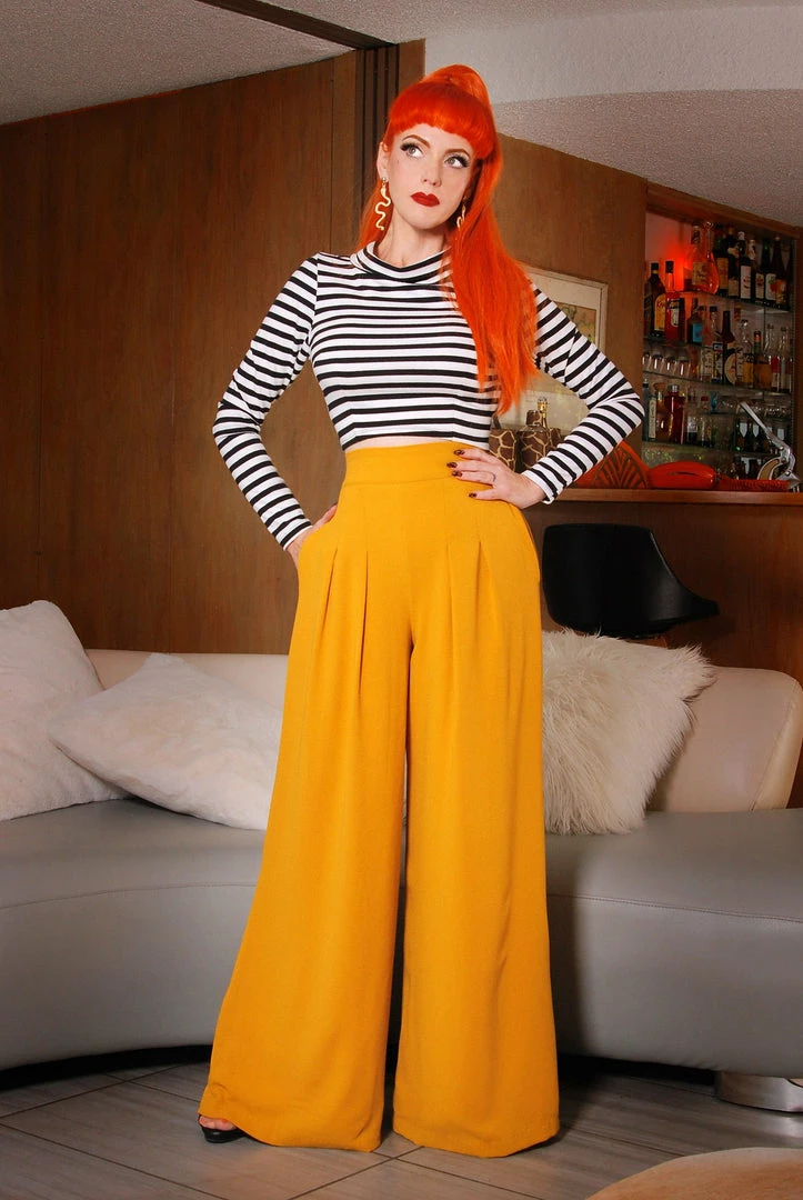 What's New, Pussycat? Dietrich Vintage Wide Leg Palazzo Pants In Mustard Crepe 32" Inseam | Laura Byrnes Design 5 What's New, Pussycat? Dietrich Vintage Wide Leg Palazzo Pants In Mustard Crepe 32" Inseam | Laura Byrnes Design