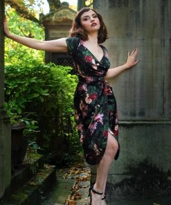 Final Sale - Ava Faux Wrap Wiggle Dress In Dark Bella Roses Satin | Pinup Couture 16 Final Sale - Ava Faux Wrap Wiggle Dress In Dark Bella Roses Satin | Pinup Couture