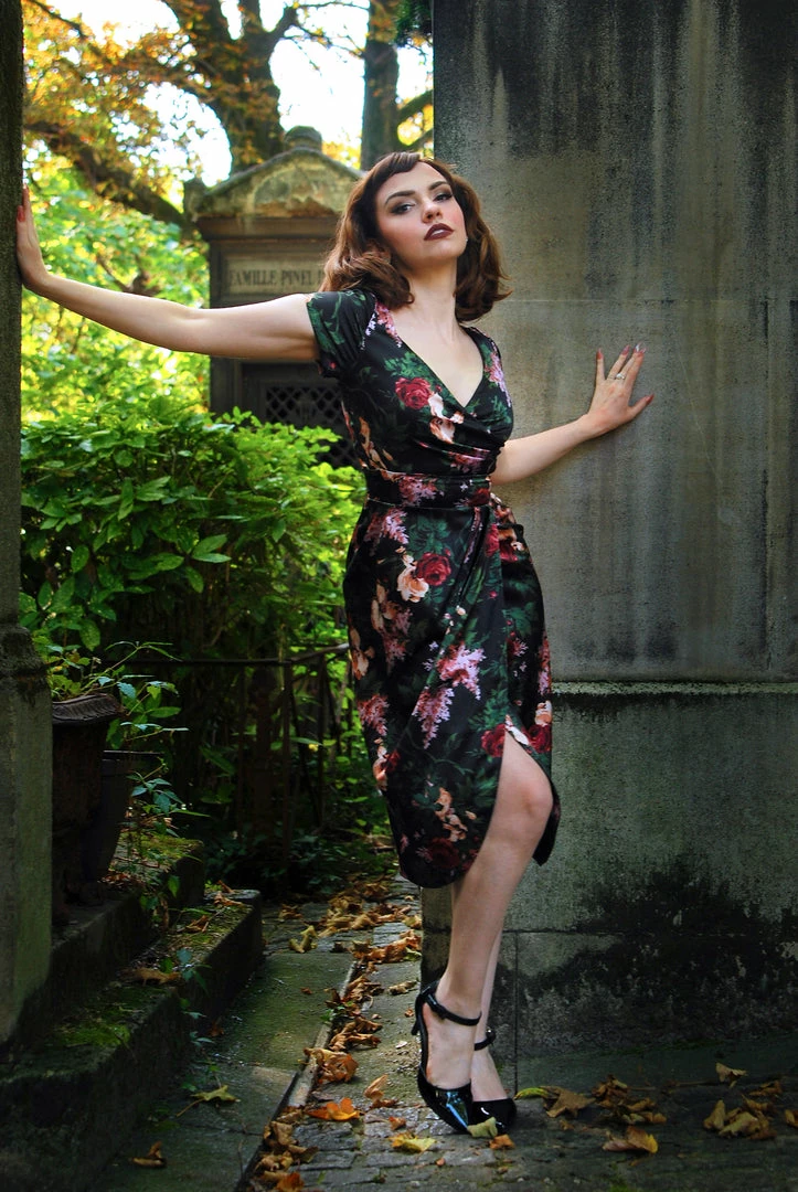 Final Sale - Ava Faux Wrap Wiggle Dress In Dark Bella Roses Satin | Pinup Couture 5 Final Sale - Ava Faux Wrap Wiggle Dress In Dark Bella Roses Satin | Pinup Couture