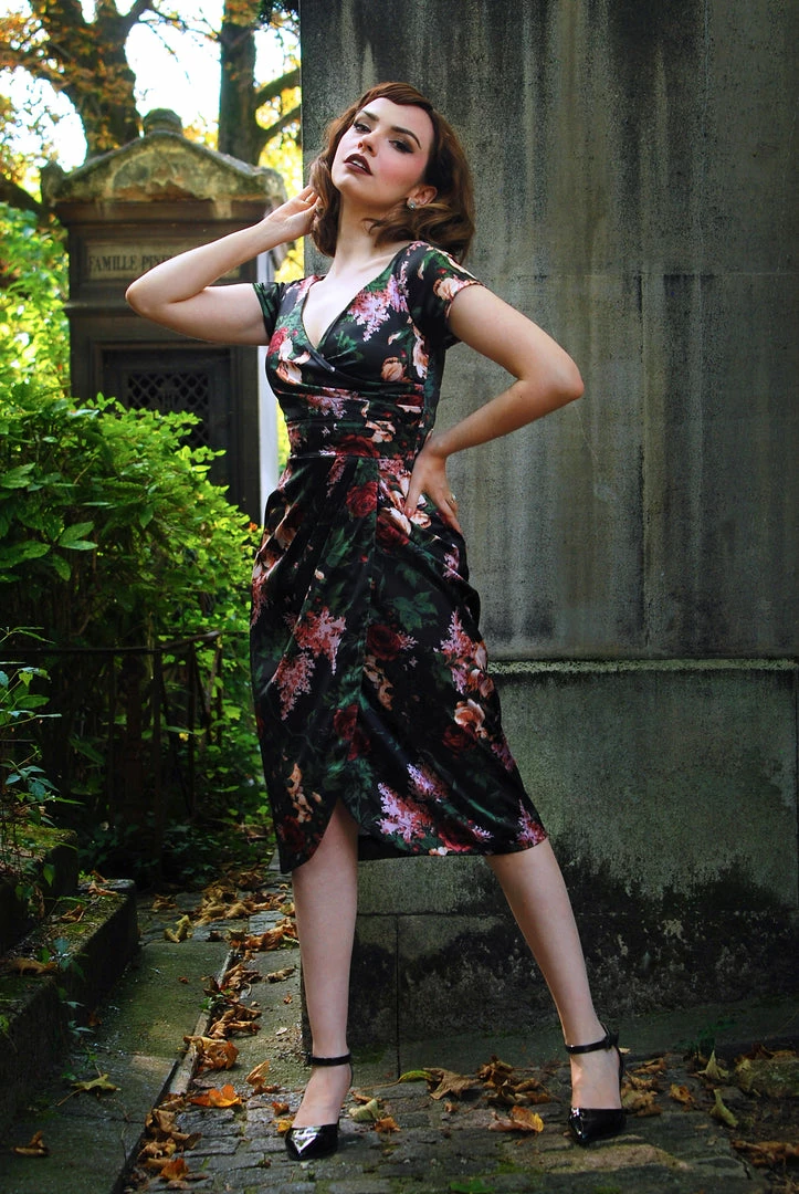 Final Sale - Ava Faux Wrap Wiggle Dress In Dark Bella Roses Satin | Pinup Couture 6 Final Sale - Ava Faux Wrap Wiggle Dress In Dark Bella Roses Satin | Pinup Couture