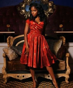 Laura Byrnes Design Final Sale - Ava Swing Cocktail Dress In Burgundy Witchy Toile Satin | Laura Byrnes Shop All In-Stock Items By Size