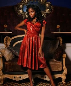 Laura Byrnes Design Final Sale - Ava Swing Cocktail Dress In Burgundy Witchy Toile Satin | Laura Byrnes Shop All In-Stock Items By Size