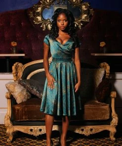 Laura Byrnes Design Final Sale - Ava Vintage Style Swing Cocktail Dress In Teal & Gold Spiderweb Satin | Laura Byrnes Shop All In-Stock Items By Size