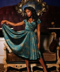 Laura Byrnes Design Final Sale - Ava Vintage Style Swing Cocktail Dress In Teal & Gold Spiderweb Satin | Laura Byrnes Shop All In-Stock Items By Size