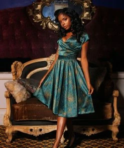 Laura Byrnes Design Final Sale - Ava Vintage Style Swing Cocktail Dress In Teal & Gold Spiderweb Satin | Laura Byrnes Shop All In-Stock Items By Size