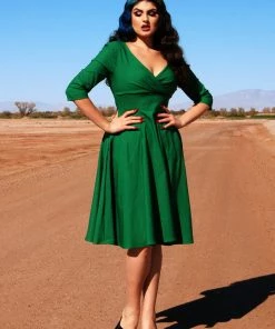 Erin Vintage Style Swing Dress In Kelly Green Bengaline | Pinup Couture