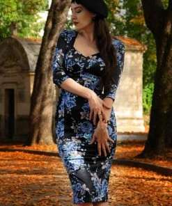 Pinupgirlclothing.com Mona Wiggle Dress In Blue Roses Satin | Pinup Couture What's New, Pussycat?