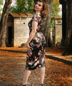 Final Sale - Ava Faux Wrap Wiggle Dress In Dark Bella Roses Satin | Pinup Couture 22 Final Sale - Ava Faux Wrap Wiggle Dress In Dark Bella Roses Satin | Pinup Couture