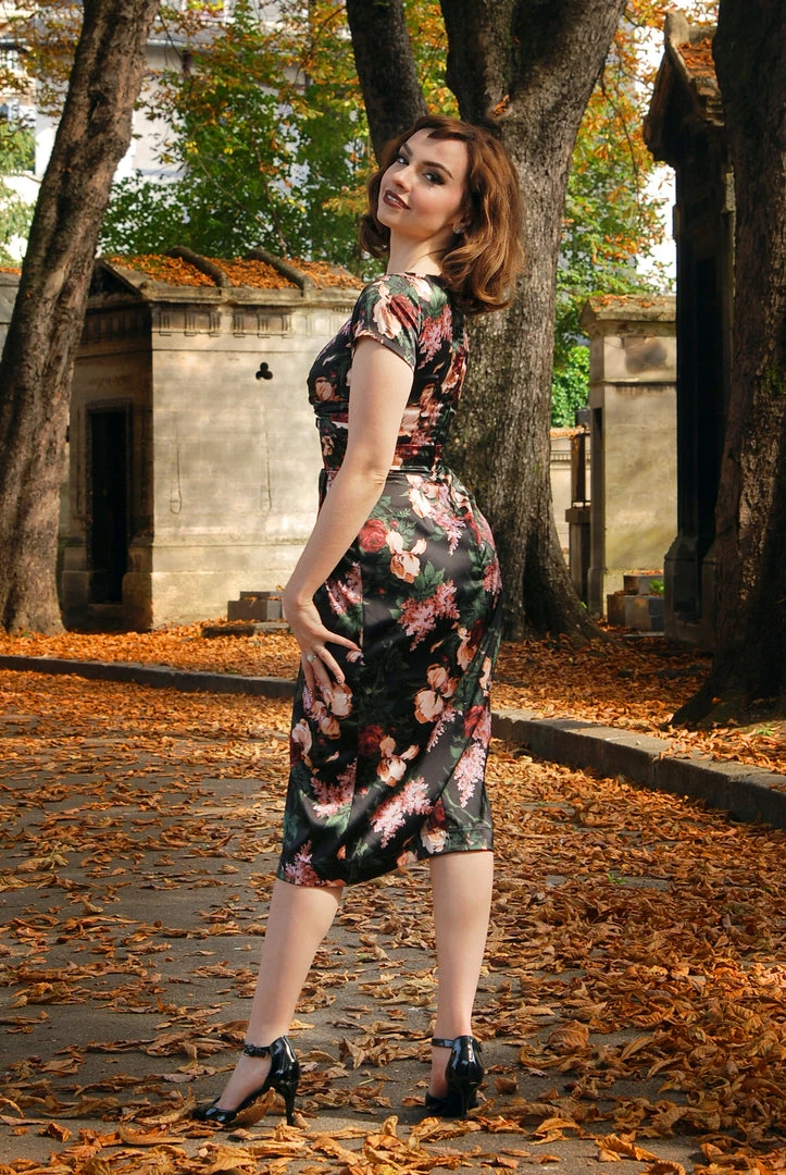 Final Sale - Ava Faux Wrap Wiggle Dress In Dark Bella Roses Satin | Pinup Couture 11 Final Sale - Ava Faux Wrap Wiggle Dress In Dark Bella Roses Satin | Pinup Couture