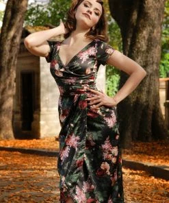 Final Sale - Ava Faux Wrap Wiggle Dress In Dark Bella Roses Satin | Pinup Couture Shop All In-Stock Items By Size