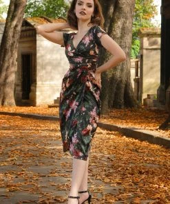 Final Sale - Ava Faux Wrap Wiggle Dress In Dark Bella Roses Satin | Pinup Couture 18 Final Sale - Ava Faux Wrap Wiggle Dress In Dark Bella Roses Satin | Pinup Couture