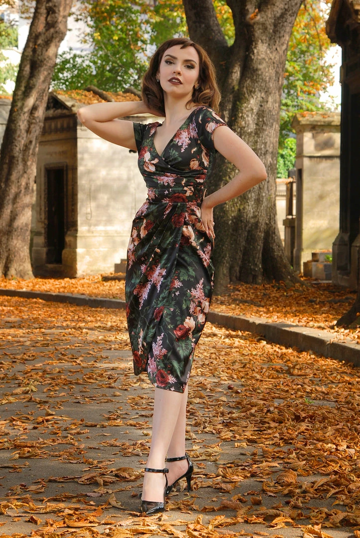 Final Sale - Ava Faux Wrap Wiggle Dress In Dark Bella Roses Satin | Pinup Couture 7 Final Sale - Ava Faux Wrap Wiggle Dress In Dark Bella Roses Satin | Pinup Couture