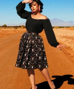 LBHM Bella Gathered Swing Skirt In Halloween Skull Lace Print | Laura Byrnes & Hope Johnstun What's New, Pussycat?