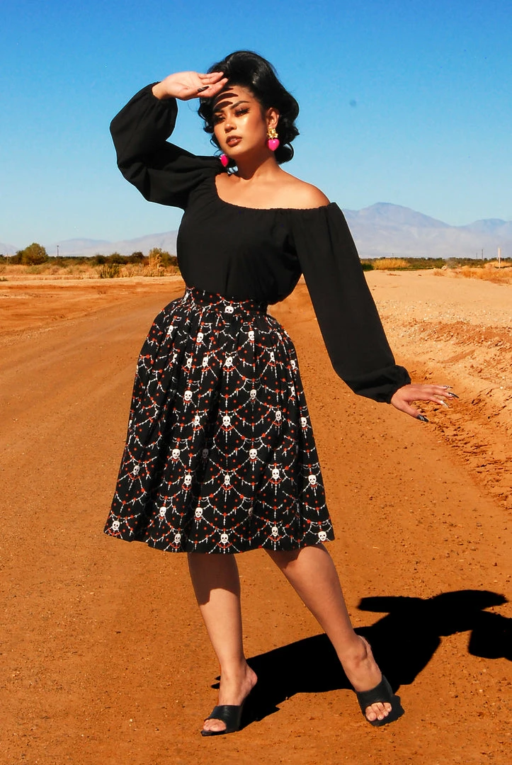 LBHM Bella Gathered Swing Skirt In Halloween Skull Lace Print | Laura Byrnes & Hope Johnstun What's New, Pussycat? 4 LBHM Bella Gathered Swing Skirt In Halloween Skull Lace Print | Laura Byrnes & Hope Johnstun What's New, Pussycat?