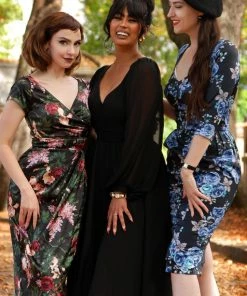 Final Sale - Ava Faux Wrap Wiggle Dress In Dark Bella Roses Satin | Pinup Couture Shop All In-Stock Items By Size