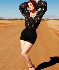 LBHM Shop All In-Stock Items By Size Final Sale - Sylvie Long Sleeve Peasant Top In Halloween Skull Lace Print | Laura Byrnes & Hope Johnstun