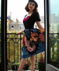 LBHM Final Sale - Alfreda Vintage Swing Dress In Large Floral Border Print | Laura Byrnes & Hope Johnstun