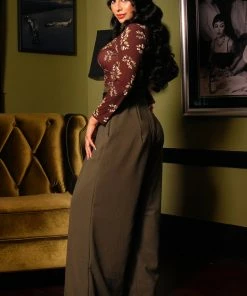 What's New, Pussycat? Dietrich Vintage Wide Leg Palazzo Pants In Olive Crepe 32" Inseam | Laura Byrnes Design