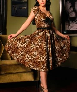 Final Sale - Natalie Swing Dress In Leopard Print Stretch Crepe | Pinup Couture