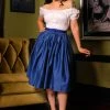 Bella Vintage Gathered Swing Skirt With Pockets In Solid Royal Blue Sateen | Pinup Couture 2 Bella Vintage Gathered Swing Skirt With Pockets In Solid Royal Blue Sateen | Pinup Couture