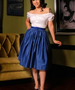 Bella Vintage Gathered Swing Skirt With Pockets In Solid Royal Blue Sateen | Pinup Couture