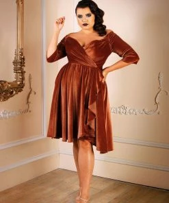 Laura Byrnes Design Shop All In-Stock Items By Size Final Sale - Monica Vintage Inspired Swing Dress In Rose Gold Velvet | Laura Byrnes